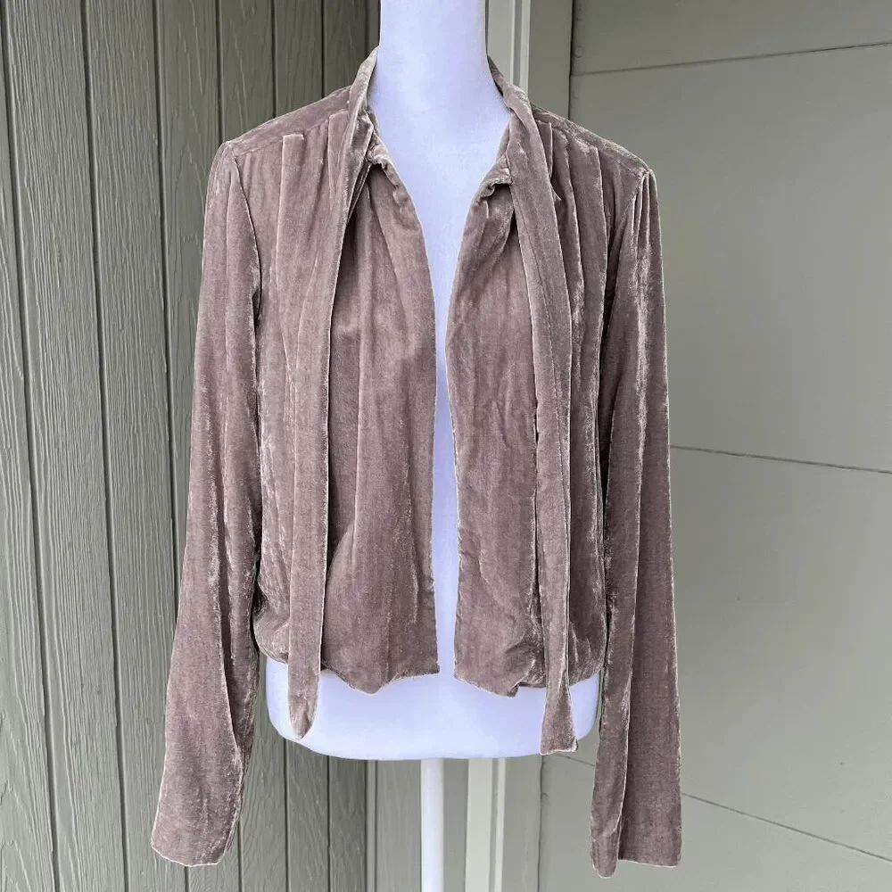 WAYF Taupe Crushed Velvet Tie-Neck Cropped Blouse Jacket Small